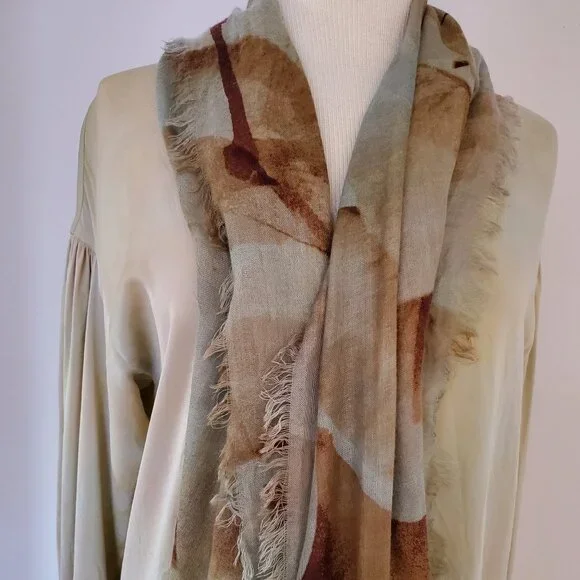 Painted dyed silk cashmere scarf wrap beige brown tan green blue gray grey khaki